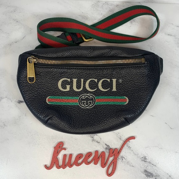 ❌❌ GUCCI Bumbag Belt Bag Black Grained Calfskin Small GG Logo Crossbody Stripe - Picture 3 of 13